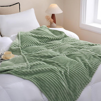 Sage Green Fleece Throw Blanket 50×60 – Soft Plush Microfiber, Striped
