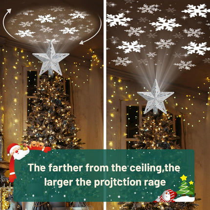 Silver Star Tree Topper – Built-in LED Rotating Projector, 6 Lighting Modes