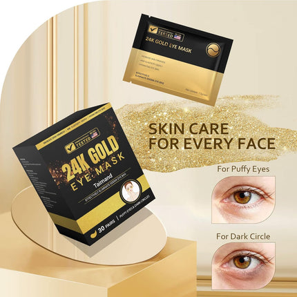 24K Gold Eye Mask – Reduces Wrinkles, Dark Circles & Puffiness, 30 Pairs