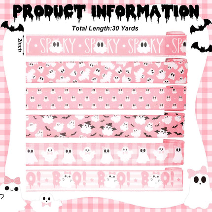 6-Roll Pink Halloween Wired Ribbon, 30 Yards, Ghost Witch Hat Bat Spider Web Print