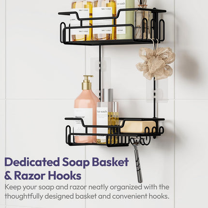 Black Stainless Steel Hanging Shower Caddy 2-Tier Rack with 14 Hooks and Soap Dish