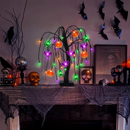 18in Halloween Willow Tree, 36 LED Pumpkin Bat Spider Lights, Timer & USB/Battery