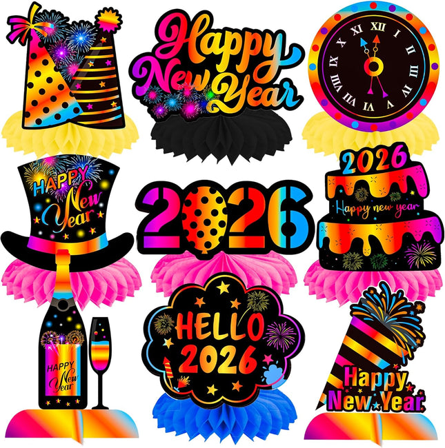 12 PCS Happy New Year 2026 Honeycomb Centerpieces Table Party Decorations