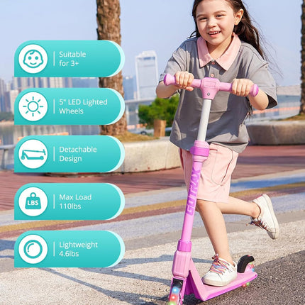 K03 Kids Kick Scooter 5" LED Wheels Adjustable Handlebar Anti Slip Deck Pink