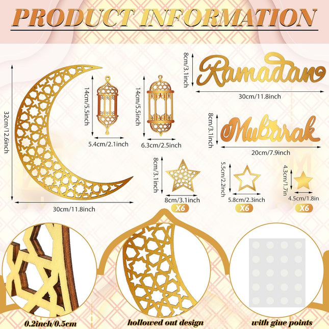 23PCS Ramadan Decorations Eid Mubarak Wooden Moon Star Lantern Wall Decor