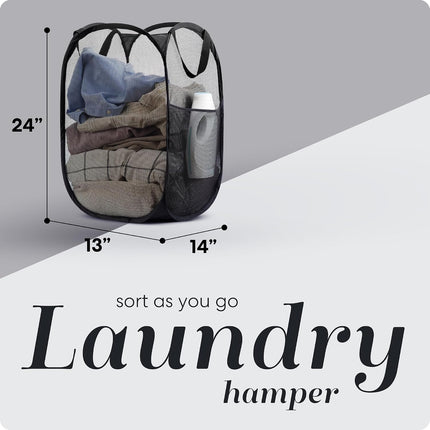 Collapsible Mesh Laundry Hamper with Side Pocket, Foldable Pop-Up Clothes Basket