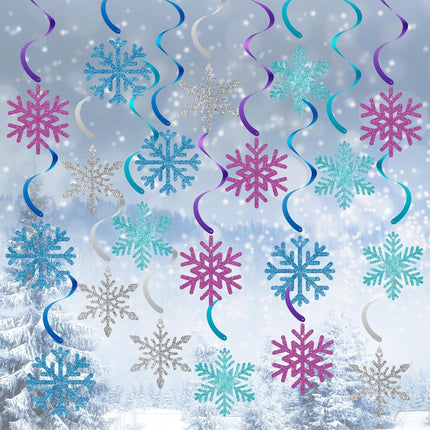20 Pack Frozen Snowflake Hanging Decorations – Winter Swirl Ceiling Streamers