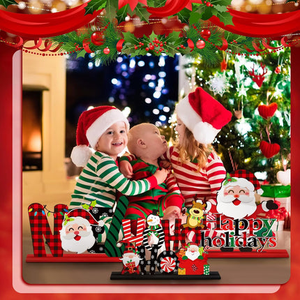 6PCS Christmas Table Decorations, Wooden Snowman, Santa, Reindeer Centerpieces