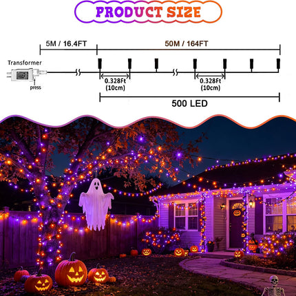 500 LED Halloween Lights, 164FT Purple & Orange Twinkle Lights, 8 Modes, Timer