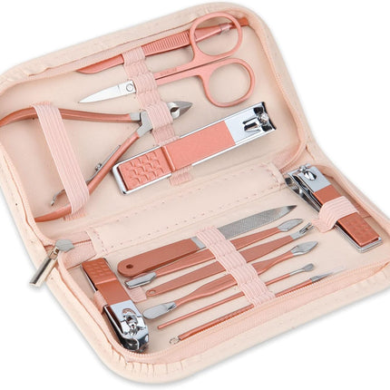 Portable 12-in-1 Nail Clipper Set – Pink Leather Bag, Ideal for Travel & Home