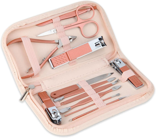 Portable 12-in-1 Nail Clipper Set – Pink Leather Bag, Ideal for Travel & Home