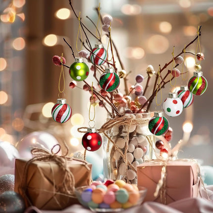 24 Pcs Christmas Glittering Elf Balls – Mini 1" Glass Ornaments with Painted Swirl Dots