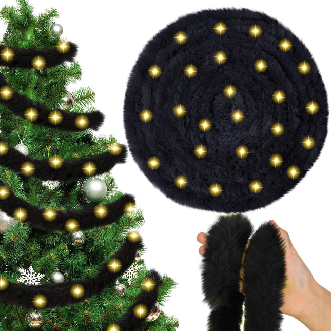 LED Lighted Fur Garland 50ft – Black Furry Xmas Tree Ribbon Decoration