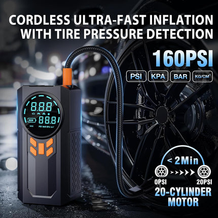 5000A Jump Starter with Air Compressor – 160PSI, Smart Cables, LED Light, LCD Display