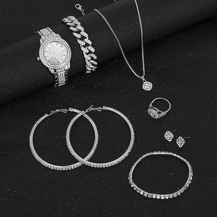 13-Piece Silver Jewelry Set for Women – Stainless Steel Cuban Link, CZ Earrings & More