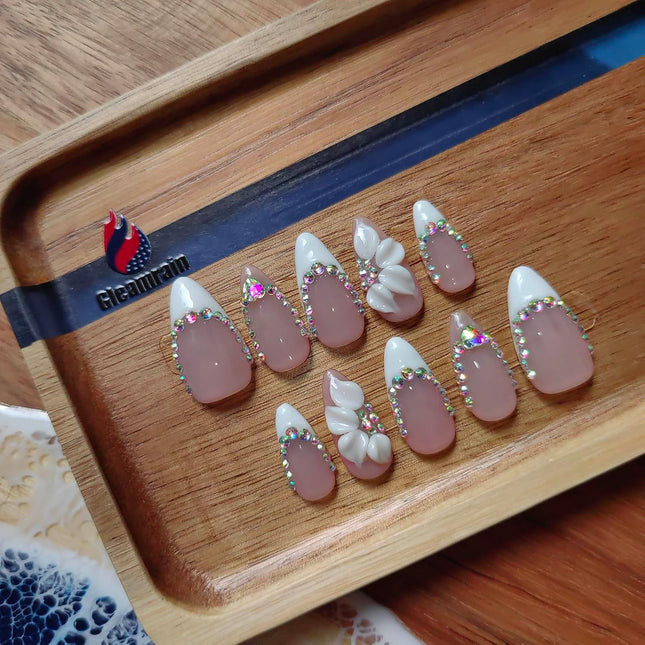 Handmade Press on Nails – Almond Shape, M Size, 10 Pcs by Gleamrain for Women