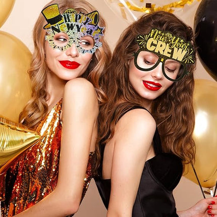 24 Pack Happy New Year 2026 Eyeglasses Glitter NYE Party Photo Props