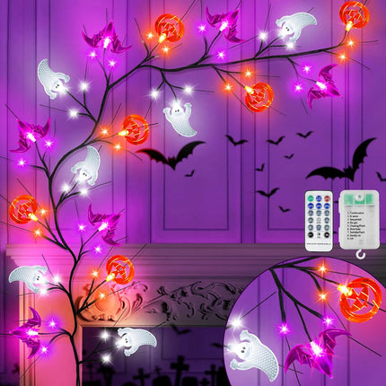 6FT Halloween Willow Vine Garland with Pumpkin Bat Ghost Lights, 8 Modes, Waterproof