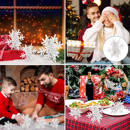 8PCS Wooden Snowflake Decorations – 3D White Glitter Tabletop Xmas Centerpieces
