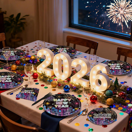 96 PCS Happy New Year 2026 Plates & Napkins Party Supplies Tableware Set