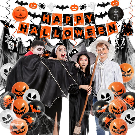 Halloween Party Decor Set, Orange & Black Hanging Swirls, Ghost Bat Banner & Balloons