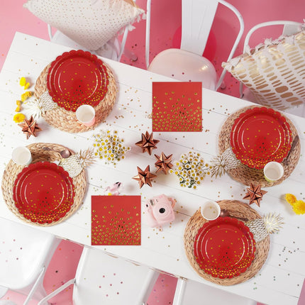 50PCS Red & Gold Dot Dinnerware – Disposable Plates & Napkins for Parties