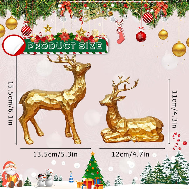 2PCS Golden Facets Reindeer Figurines Small Indoor Christmas Decor