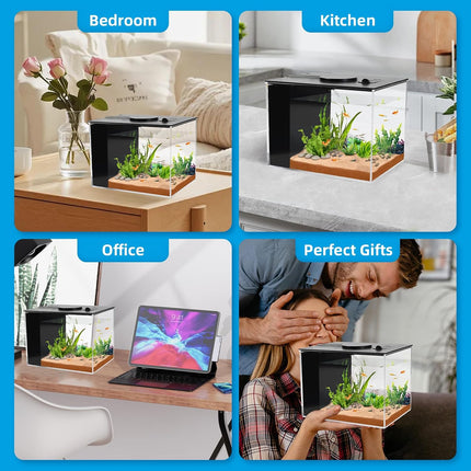 1 Gallon Betta Fish Tank Aquarium Kit, Small Fish Bowl with LED Light & Filter Pump
