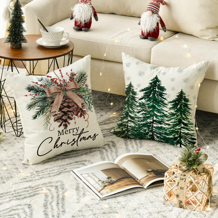 Christmas Decor Pillow Covers 18x18 – Snowflakes, Reindeer, Trees, Set of 4