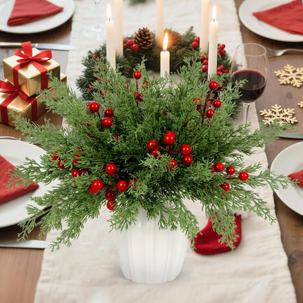 45PCS Artificial Norfolk Pine Branches with Red Berries – DIY Xmas Decor