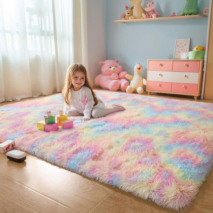 4x6 Rainbow Fluffy Shaggy Rug – Soft Plush Carpet for Girls’ Bedroom