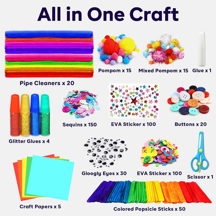 Kids Arts & Crafts Supplies Kit with Glitter Glue Pom Poms & DIY Tools
