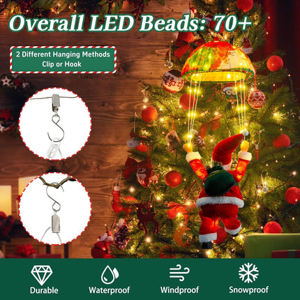 LED Santa Parachute Hanging Light, 8 Modes + Timer, Xmas Porch & Tree Decoration