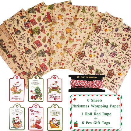 Christmas Wrapping Paper Set 6 Sheets Kraft Gift Tags & Rope Vintage Holiday