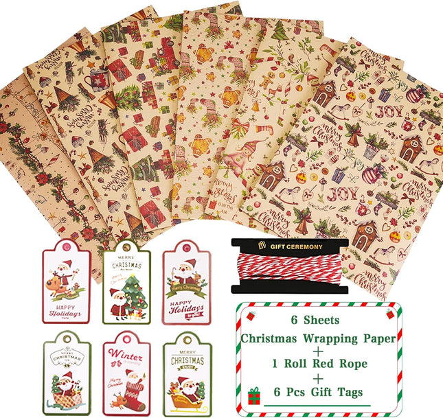 Christmas Wrapping Paper Set 6 Sheets Kraft Gift Tags & Rope Vintage Holiday