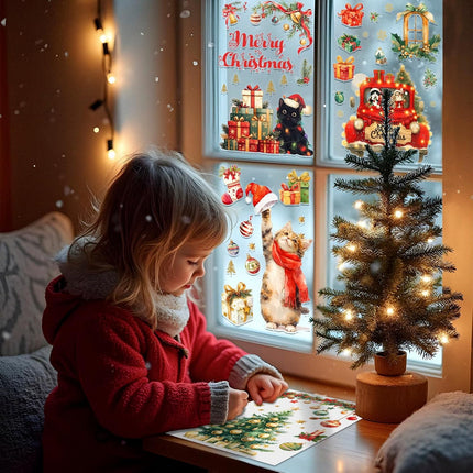 9PCS Christmas Cat Window Clings – Cute Xmas Snowflake Stickers for Holiday Decor