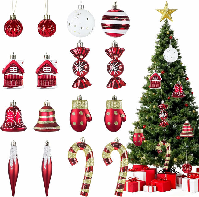 16PCS Red and White Christmas Ornaments Set with Hanging Strings for Tree