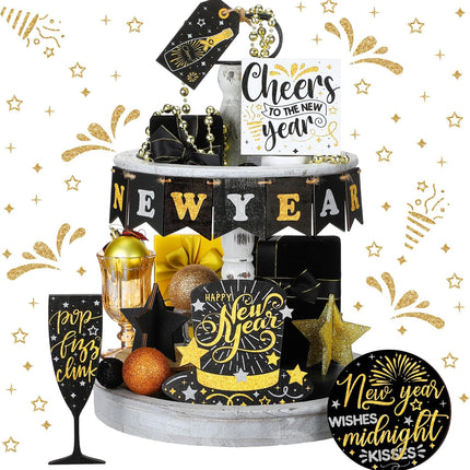 14 PCS Happy New Year Tiered Tray Decor 2026 Rustic Star & Hat Decorations