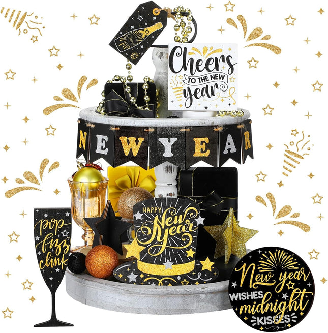 14 PCS Happy New Year Tiered Tray Decor 2026 Rustic Star & Hat Decorations