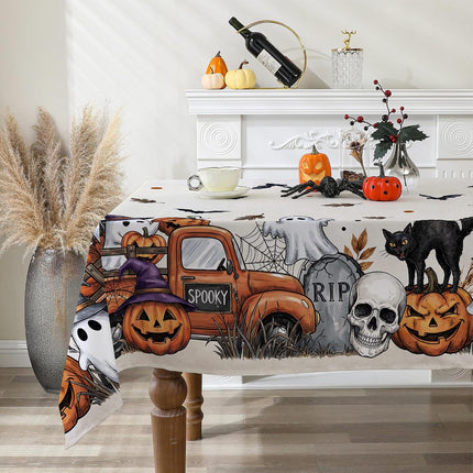 Halloween Tablecloth 60x84in, Ghost, Spider Web & Jack-O-Lantern Spooky Decor