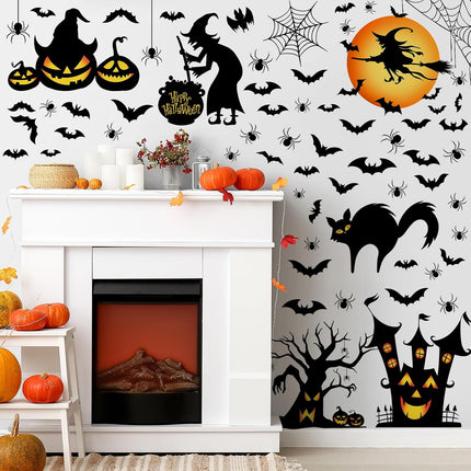 6-Sheet Watercolor Halloween Wall Stickers, Witch Bat Pumpkin Ghost Vinyl Decals