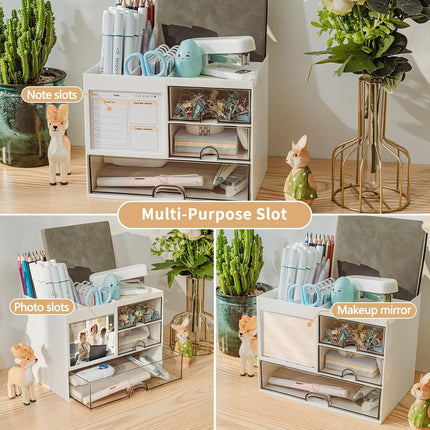 Desk Organizer with 3 Drawers, 8 Compartments Pen Holder for Office, White