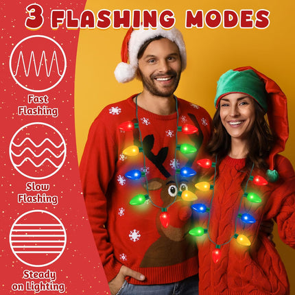 2 Pack Christmas Light Necklaces – 9 LED Bulbs, 3 Flash Modes for Xmas Party