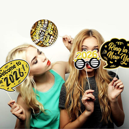 24-Pc 2026 NYE Photo Booth Props – Black & Gold Selfie Frame Set