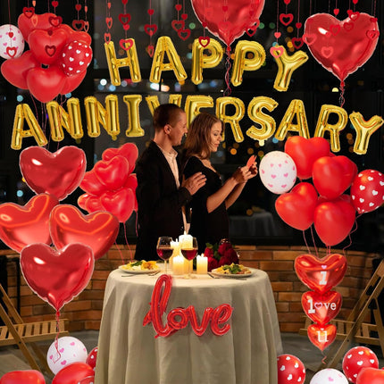 Happy Anniversary Decorations Set with Red Heart Balloons Banner Rose Petals