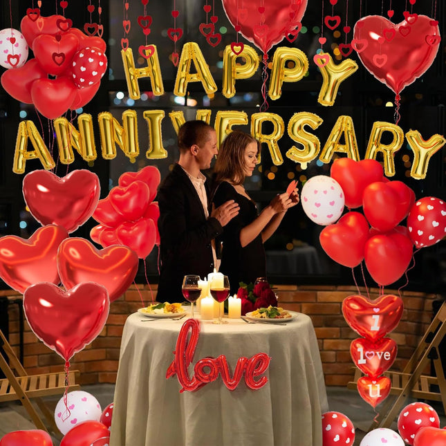 Happy Anniversary Decorations Set with Red Heart Balloons Banner Rose Petals