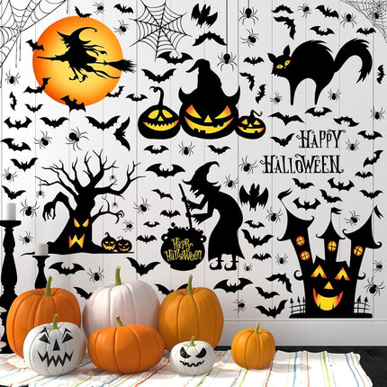 6-Sheet Watercolor Halloween Wall Stickers, Witch Bat Pumpkin Ghost Vinyl Decals