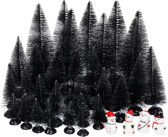 40PCS Mini Christmas Trees | Black Bottle Brush Sisal Pine Trees with Base