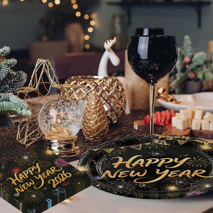 Happy New Year 2026 Tableware Set – 50-Pc Black & Gold Plates & Napkins
