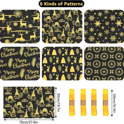 Christmas Wrapping Paper Black Gold 6 Sheets Metallic Foil with 4 Ribbons